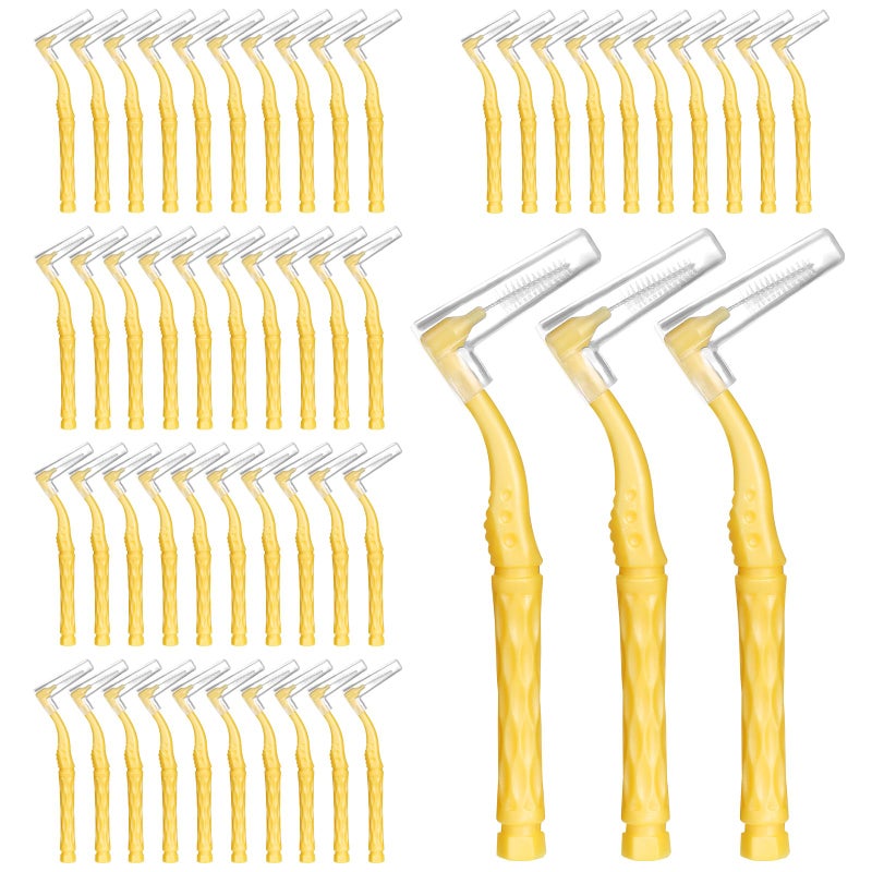 RAYITO 50pcs 1-1.2mm Interdental Brushes, Soft Dental Brushes with Non-Slip Handle Angled Head Tooth Picks Floss Sticks Dental Floss Brushes for Braces Oral Cleaning Narrow Gaps Between Teeth(Yellow)